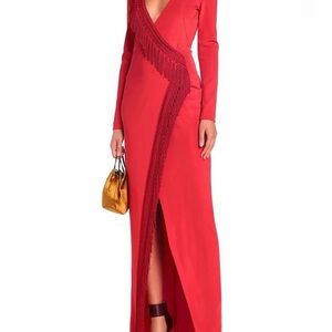 GALVAN Maxi Fringe Trimmed Dress Red